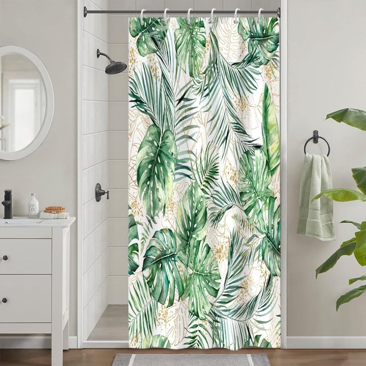 douchegordijn tegen schimmel, klein douchegordijn, 90 x 180 cm, tropisch, groen/geel, palmbladeren, jungle, badgordijnen, wasbaar, waterdicht, gordijnen voor badkamer met 6 haken