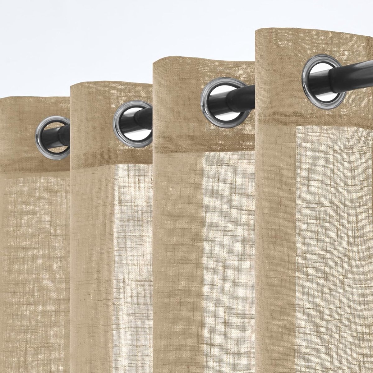 korte linnen vitragegordijnen, gordijnen met ringen, moderne interieurgordijnen en -draperieën voor slaapkamer, woonkamer, set van 2, 140x160 cm, beige
