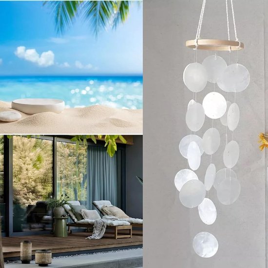 Windspel, vlinder-schelp, windgong, boho-decoratie, dromenvanger, parelmoer, windgong, tuindecoratie, schelp, ketting, slinger, decoratie voor raam, woonkamer, tuin, kamer, terras en balkon, wit — afbeelding 5