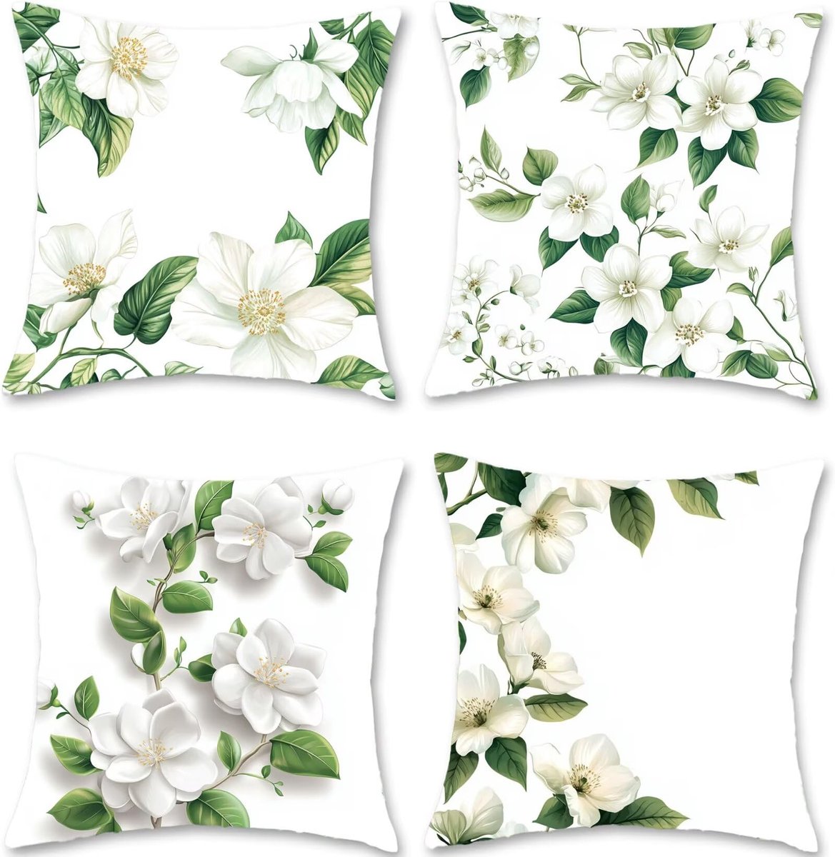 Kussenhoezen, 50 x 50 cm, wit, kussenovertrek, waterdicht, linnen, bloem, set van 4 sierkussens met verborgen ritssluiting, voor bank, bed, woonkamer, woondecoratie S1-310
