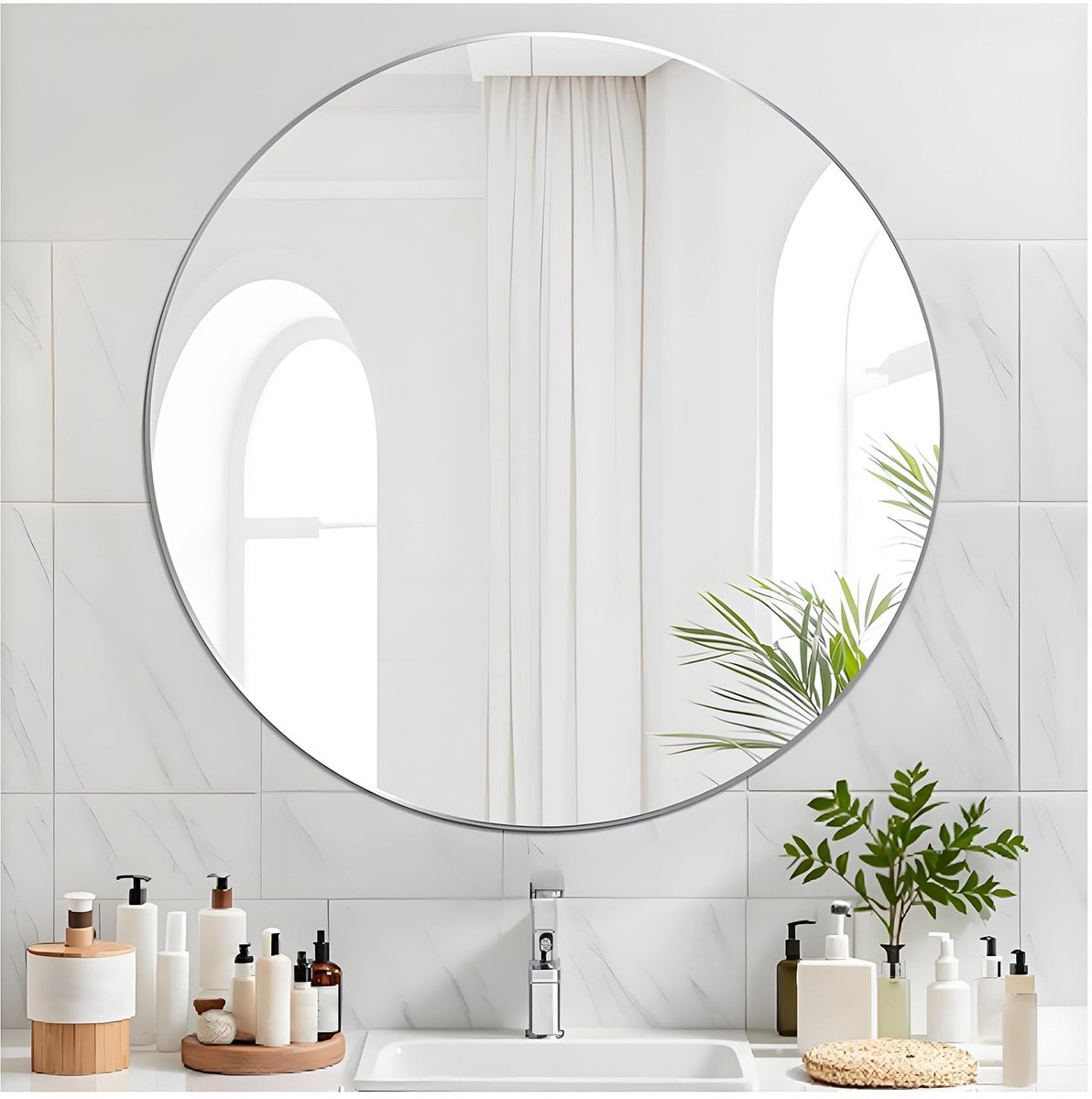 spiegel, rond, 50 cm, rahmenloser Badezimmerspiegel, HD-glas, ronde wandspiegel, modern, hangend, voor badkamer, gang, slaapkamer