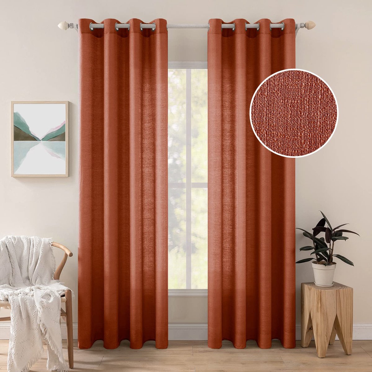 Set van 2 voile-gordijnen, met inslagringen, transparant, onregelmatige textuur, gordijn met ogen, luchtig, lichtdoorlatend, decoratief gordijn voor de slaapkamer, baksteenrood, 280 x 140 cm (H