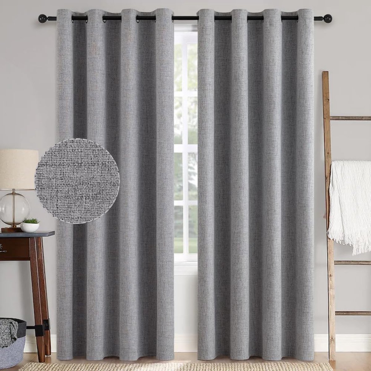 Gordijnen, warmte-isolerende gordijnen met ringen, 100% ondoorzichtig, linnen, voor woonkamer, kou, gordijn, verduisterend, set van 2, 140 x 245 cm, lichtgrijs