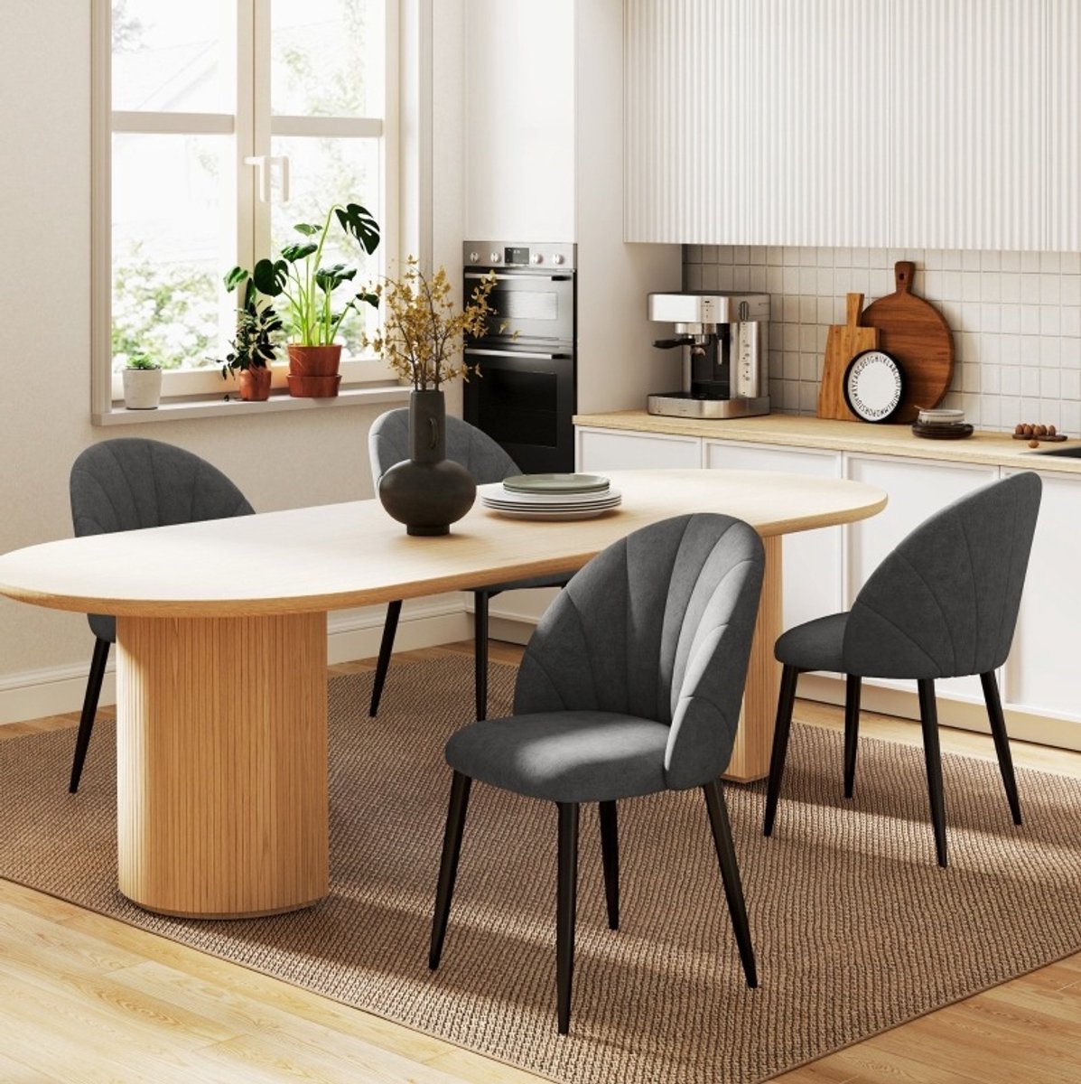 MEUNIQ Eetkamerstoelen set van 4, armloze kuipstoelen met fluweellook, stalen poten, ergonomische rugleuning en antislip voetdoppen, grijs
