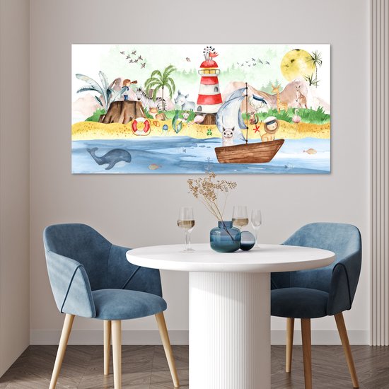 Poster kinderen - Wanddecoratie jongens - Strand - Dieren - Kinderen - Vuurtoren - Poster kinderkamer - 120x60 cm - Decoratie kinderkamers - Kinderkamer decoratie - Poster Babykamer — afbeelding 2