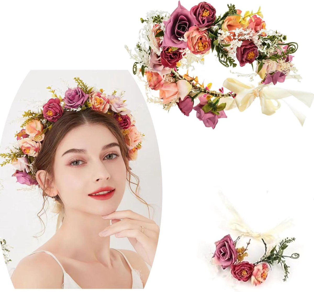 haar, kunstbloemen, kroon, haarslinger, bloemenkroon, hoofdband, bloemenkrans, hoofdband, instelbaar, haarband, bloemen voor vrouwen, bruiloft, feest (A)