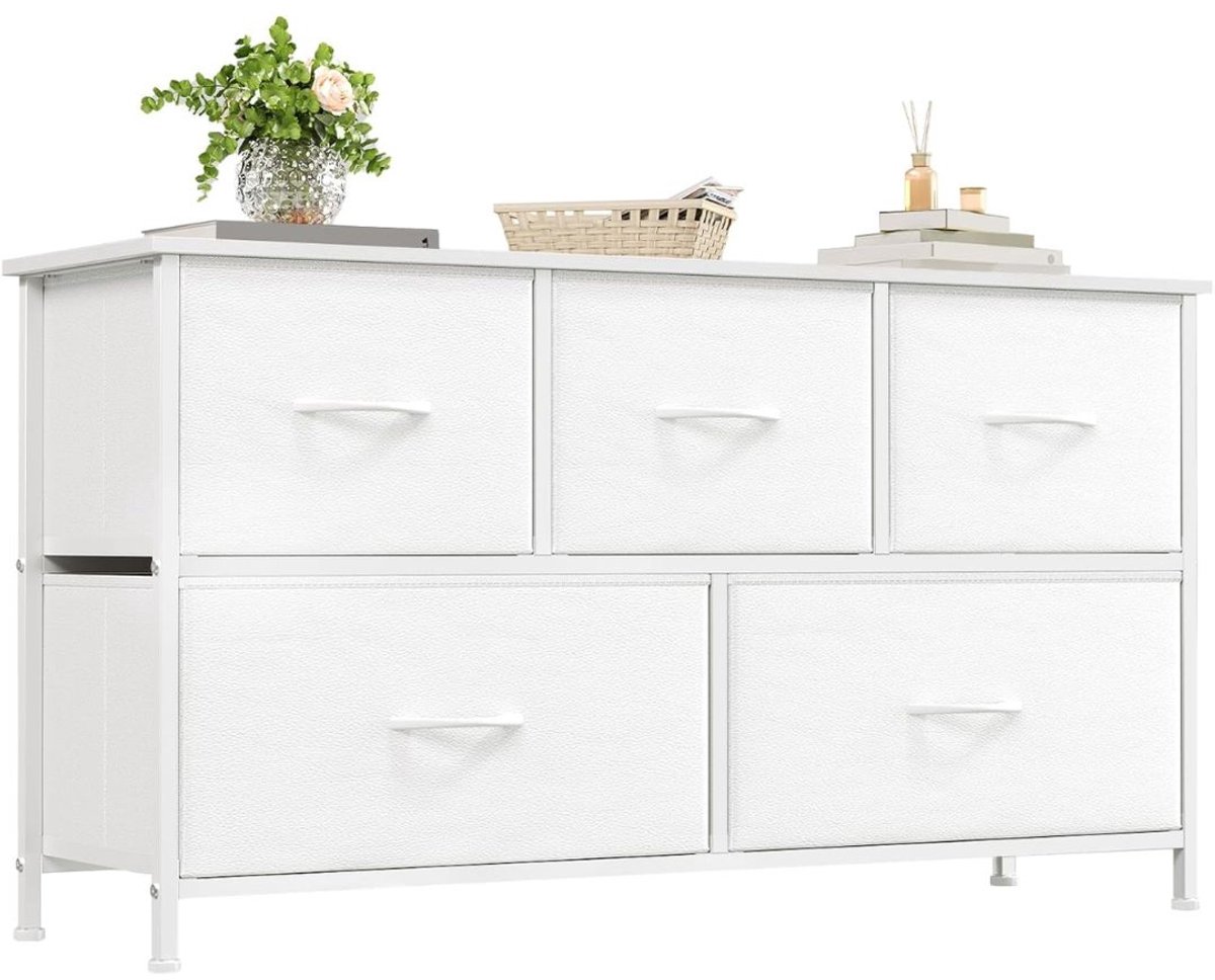 SP® Ladenkast - 5 lades - Kast met stalen frame en stoffen lades - Opbergkast voor de slaapkamer - Wit - 30cm x 100cm x 55cm