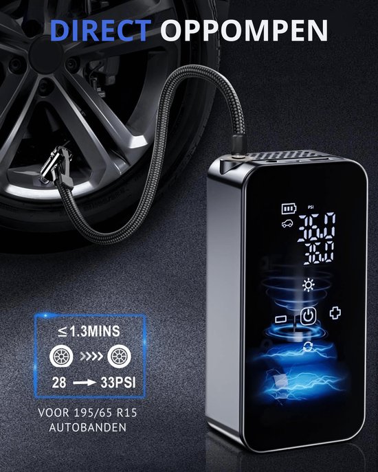 Elektrische Luchtcompressor met Digitaal Display - Draadloze Bandenpomp - USB-C Oplaadbaar - Voor Auto, Motor, Fiets en Ballen - Tot 150 PSI / 10,3 Bar — afbeelding 2