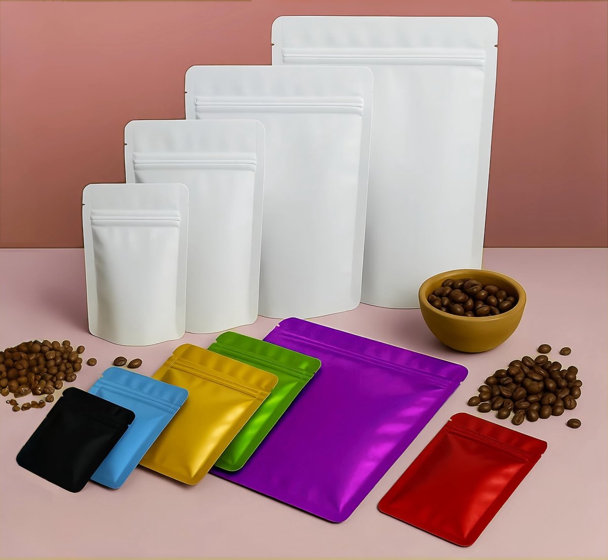 100 Stuks Staande Hersluitbare Zakjes, Aluminium Mylar Doypack, Gekleurde Herbruikbare Stazakken, Ondoorzichtige Plastic Ziplock Zakjes Voor Voedselverpakking en Opslag (Wit, 14 x 20 cm)