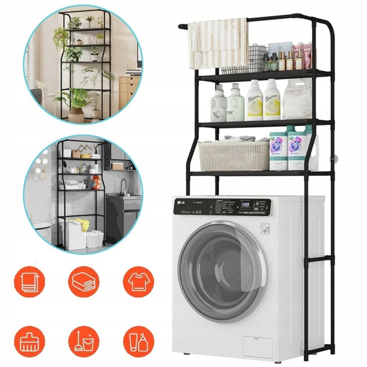 Bresht Wasmachine Opbergrek - 3 ruime opbergniveaus - Stevige constructie - Eenvoudig te monteren - Zwart - 72 x 35 x 158 cm