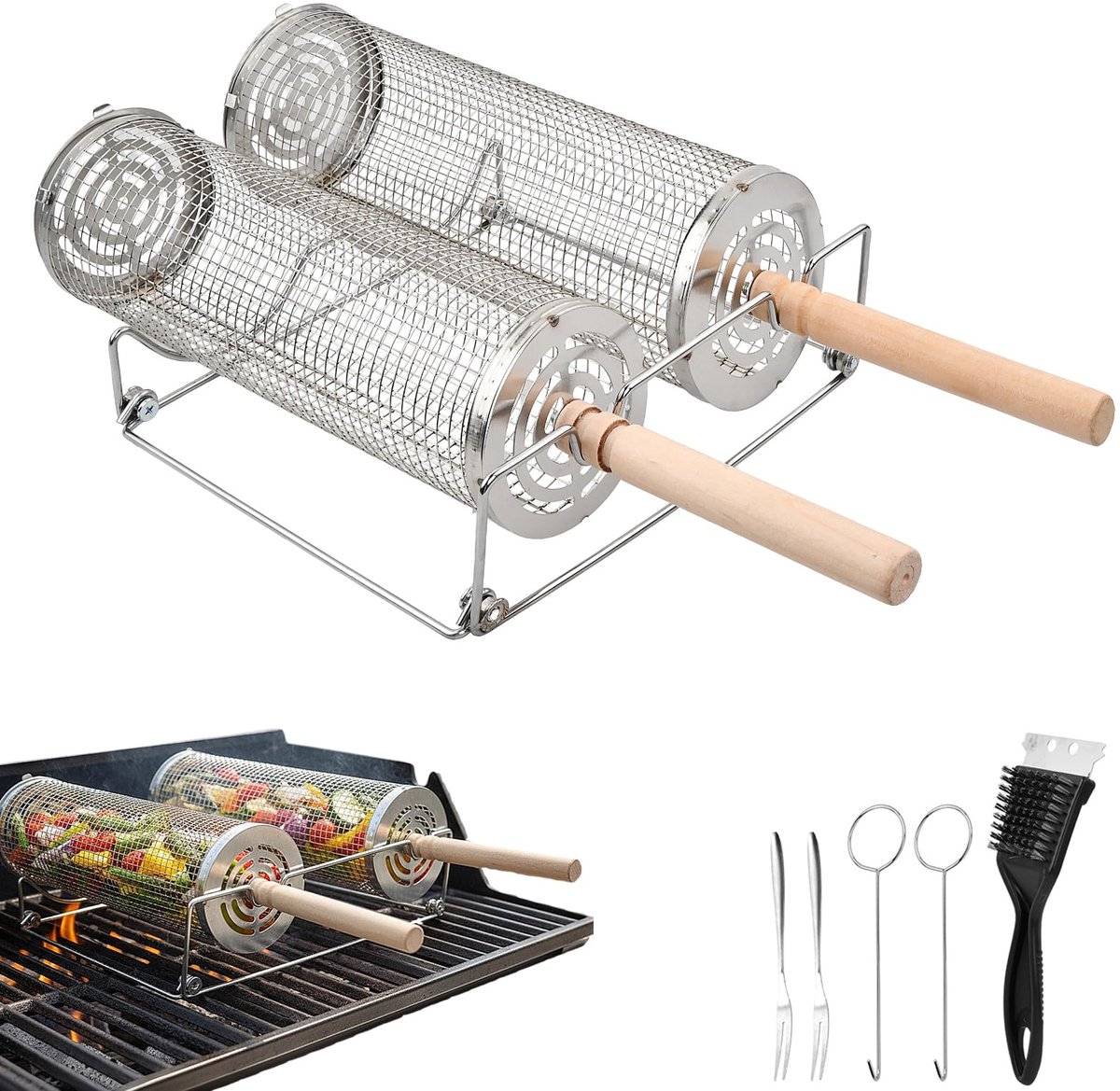 2 stuks grillrooster 30 cm, 29 cm, ronde grillspies van roestvrij staal met 2 afneembare houten handgrepen, 2 haken, 2 vorken, borstels, houders, manden voor barbecue, barbecue-accessoires