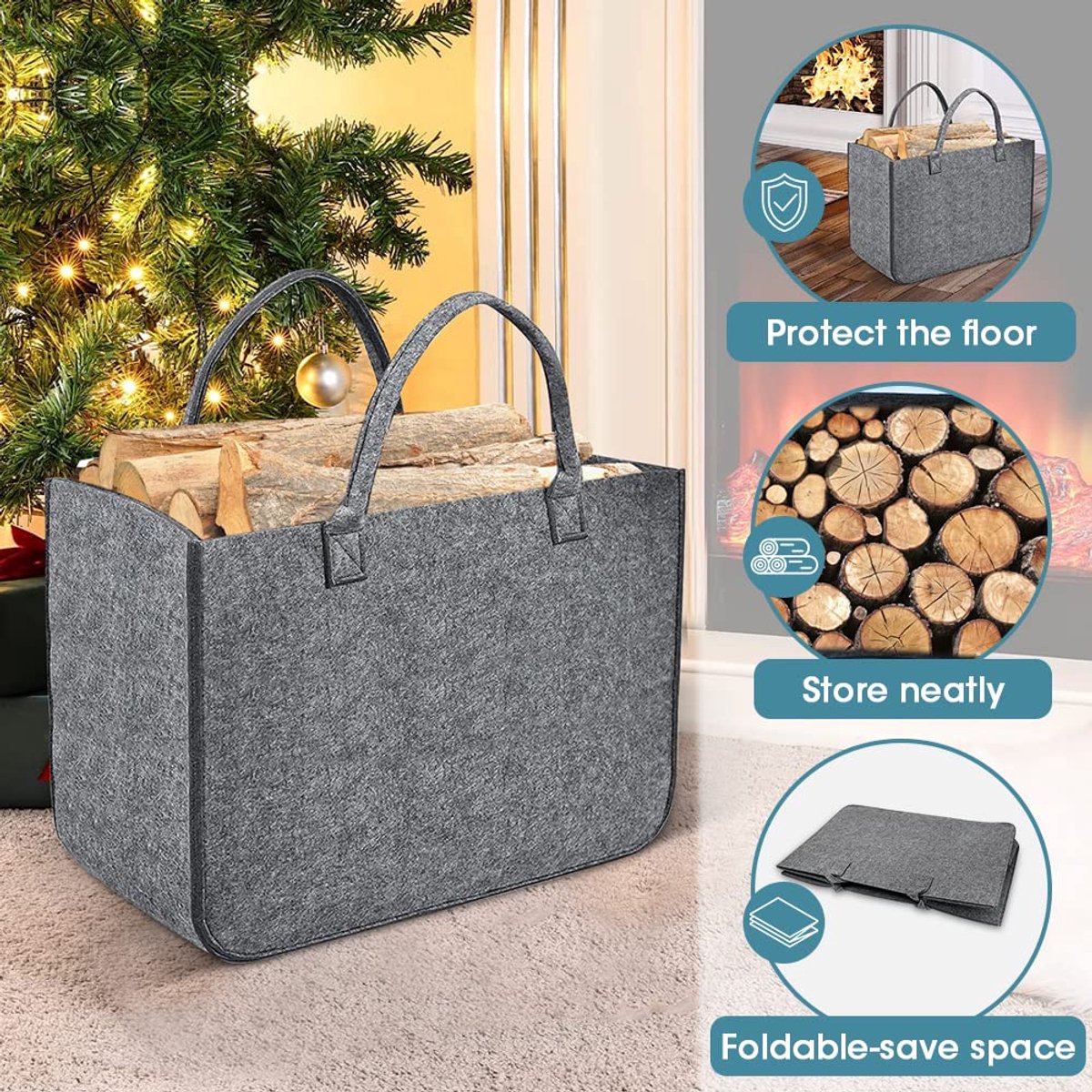 2 stuks vilten tassen, haardhouttas van vilt, haardhoutmand, vilten tassen, boodschappenmand, brandhoutmand voor vilten mand, shopper, hout, kranten, boodschappentas, grote opvouwbare draagbare (midde