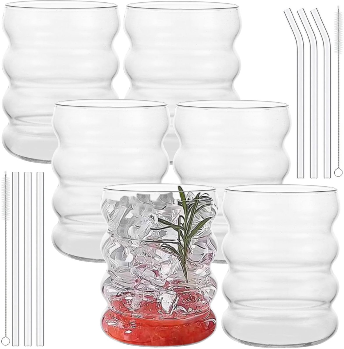 Dailygoods- Bubbelglazen Set van 6 - 350 ml - Doorzichtig Glas - Inclusief Rietjes/Rietjesborstels - Geschikt voor Warme/Koude Dranken - Duurzaam Boorglas - Drinkglazen