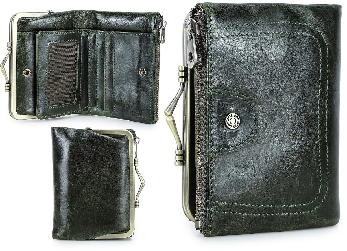 Dailygoods - CONTACTS Dames RFID-portemonnee met Kiss Lock, Echt Leren Compacte Bifold Muntportemonnee met Ritsvak Vintage, Creditcardhouder Kleine Clutch met ID-venster, Donkergroen, 9.5 cm x 3 cm x 12.5 cm