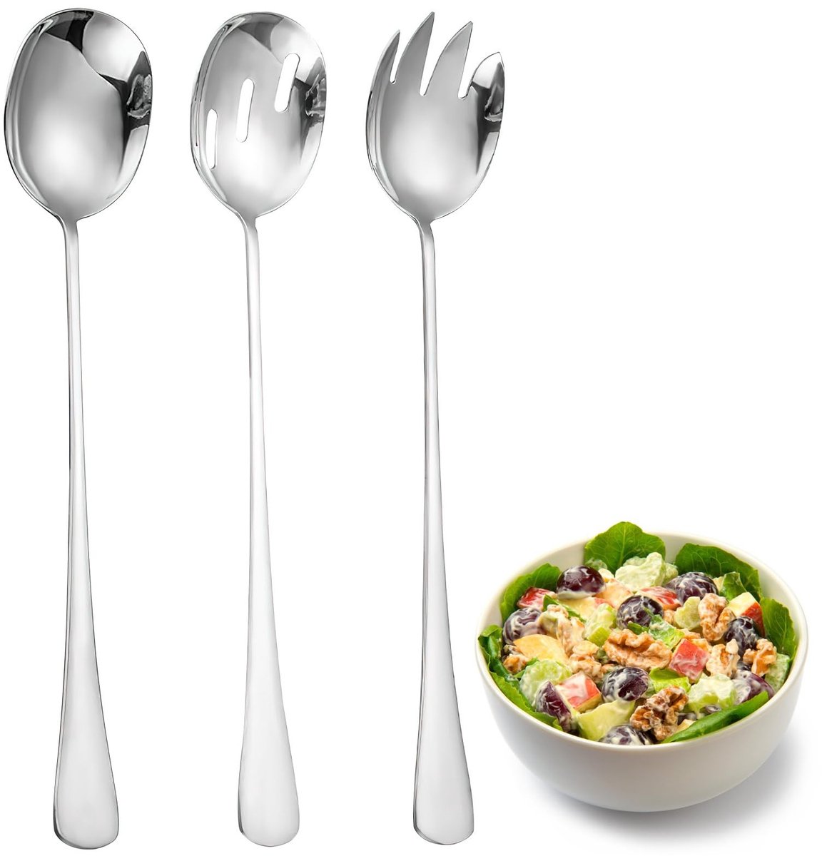 Dailygoods- Saladebestekset Elegant - Roestvrij Staal - Saladevork/Slalepel - Saladezeef - 3 Stuks - 28 cm Lengte - Saladeservies