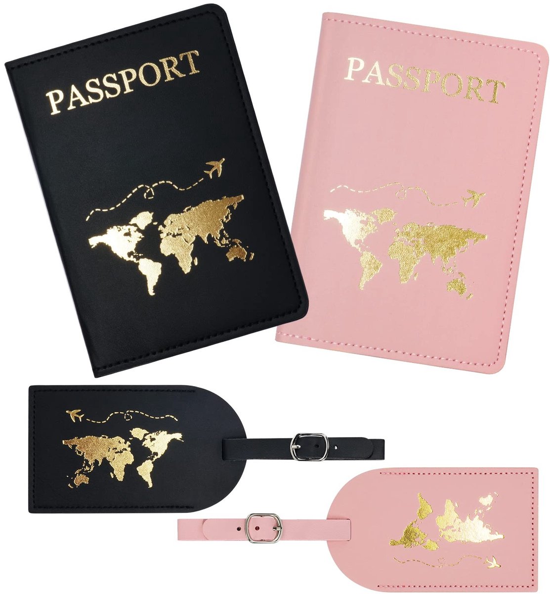 Dailygoods - Paspoorthoezen en bagagelabels, 2 stuks bagagelabels + 2 stuks paspoorthouder, lederen reisaccessoires, identificatielabels en kaarthouders, voor koppels, bruiloft, reisgeschenk