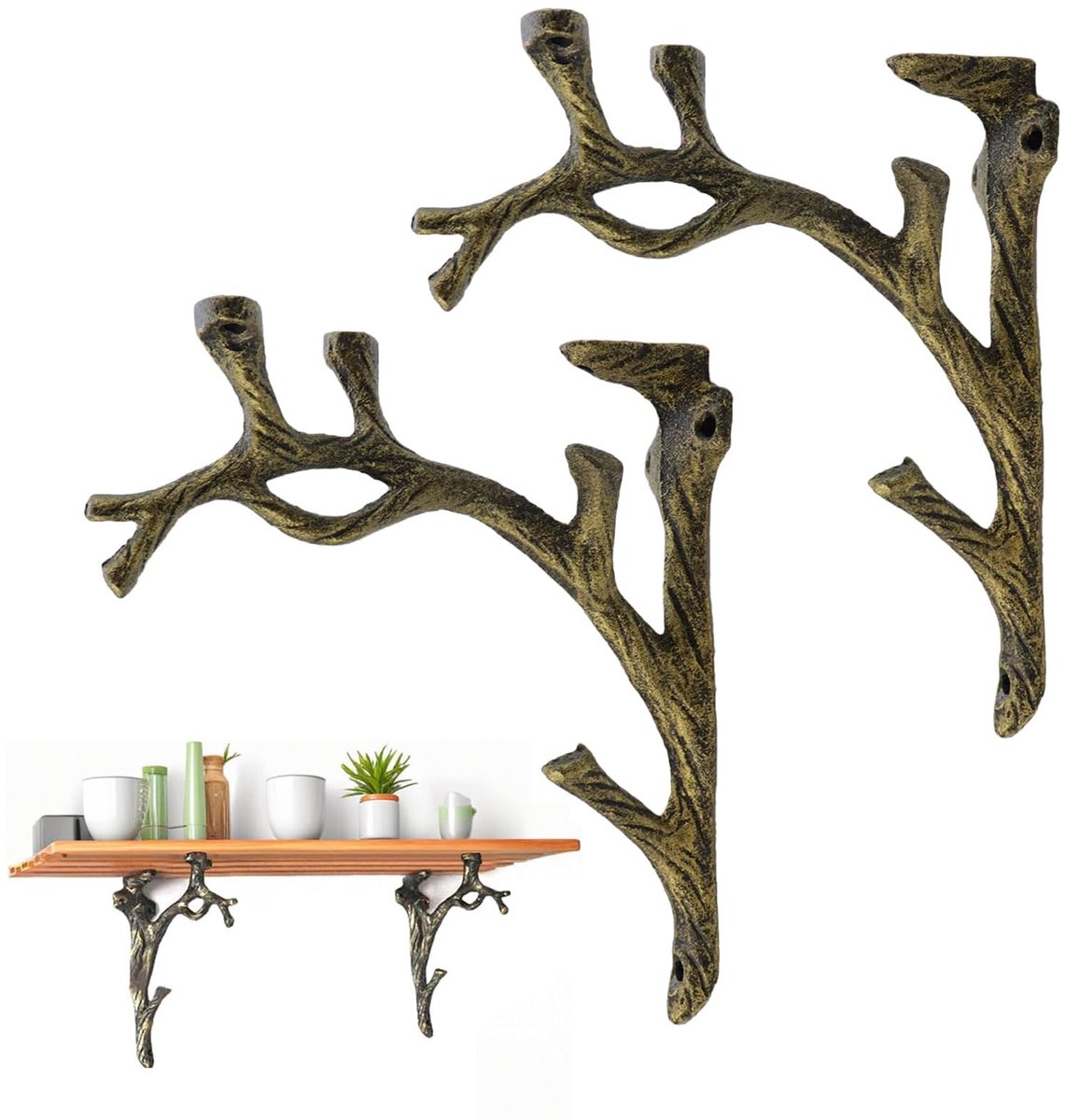 Plankhouder, 2 stuks, plankdrager, vintage takvorm, zware belasting, boekenkast/bloemenrek, bronse kleur, decoratie voor woonkamer, tuin