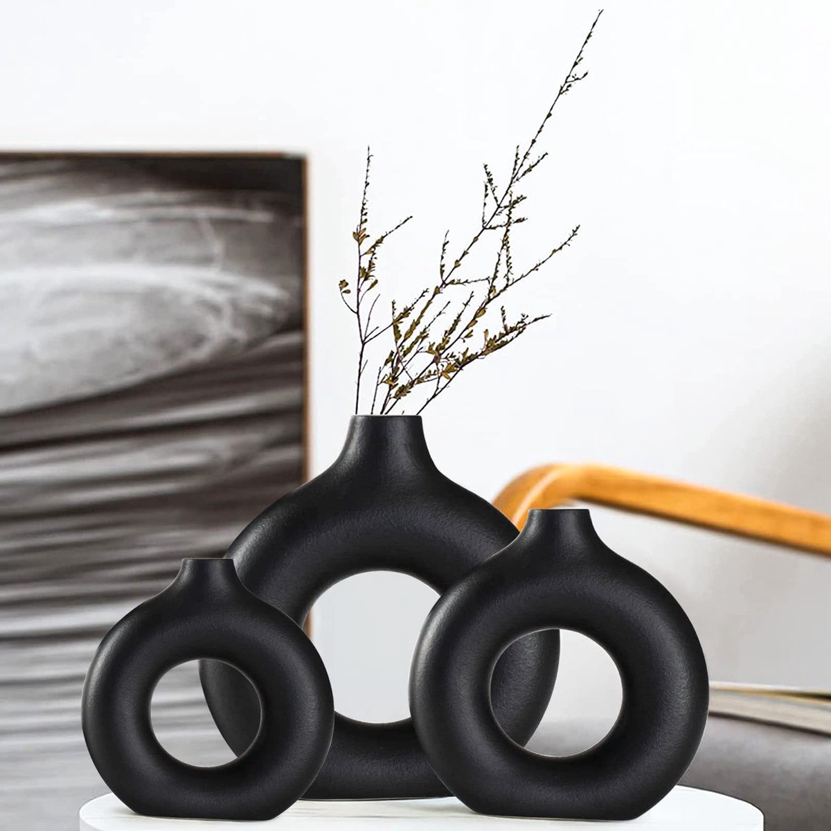 Set van 3 decoratieve vazen van zwart keramiek voor moderne interieurdecoratie, ronde matte vazen voor pampasgras, esthetische vazen, neutraal, boho, Scandinavisch, minimalisme