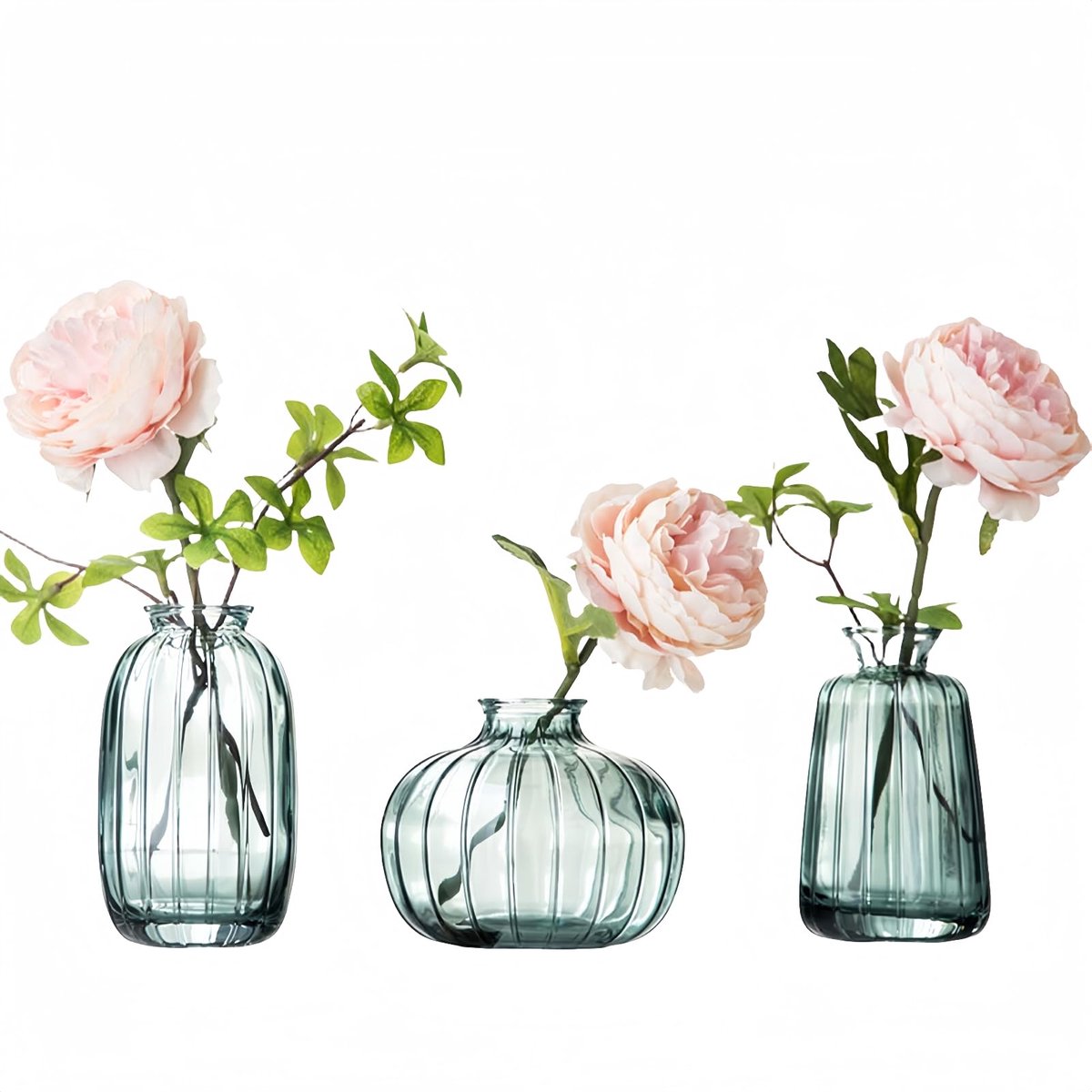 Vaas, glas, groen, kleine vaas, decoratief design, transparant, decoratie voor tafeldecoratie, bruiloft, slaapkamer, Boheems, doop, verjaardag, Moederdagcadeau, 3 stuks