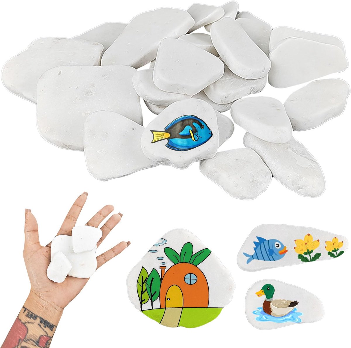 Platte stenen om te beschilderen, 5-8 cm gladde grote kiezelstenen, fijne en grove kiezels materiaal, steen om te beschilderen, voor kleurrijke schilderijdecoratie (wit)