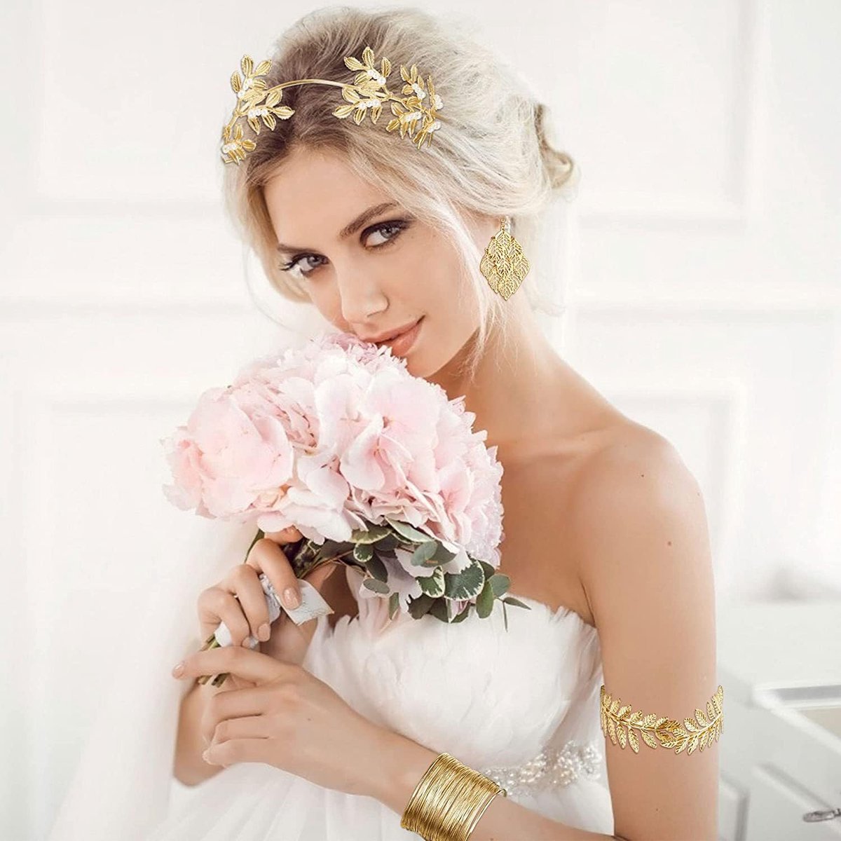 4 stuks Griekse godin kostuum sieraden set, lauwerkrans hoofdband hoofdtooi goud set, gouden kroon hoofdband blad spiraal bovenarmreif armband oorbellen metaal haarsieraden accessoires
