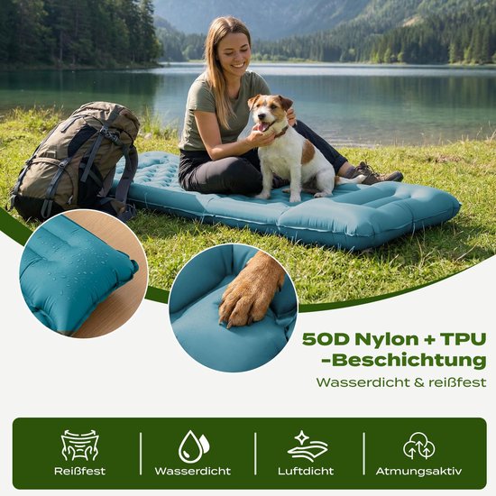 Opblaasbare Campingslaapmat met Kussen, Waterdicht en scheurbestendig 50D nylon Enkele Luchtmatras met ingebouwde voetpomp, blauwgroen, 195x72x12cm — afbeelding 2