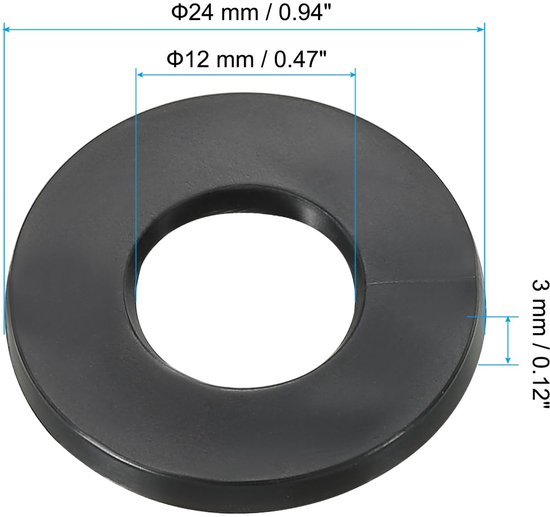 Sluitringen, rubberen afdichting, rond, 24 stuks, 12 mm ID, 24 mm OD, 3 mm dik, platte sluitringen, set, afdichtingsrubber voor kraanbuis, bevestigingsschroef, zwart — afbeelding 5