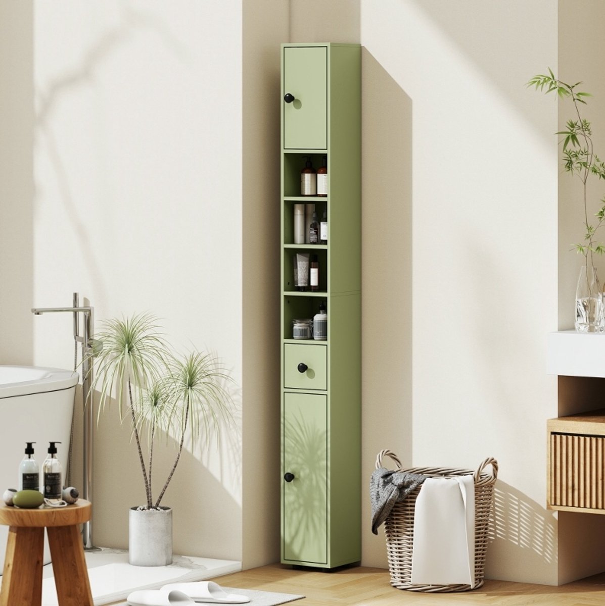MEUNIQ Smalle badkamerkast 20 x 20 x 180 cm met lade, 4 open vakken en verstelbare planken