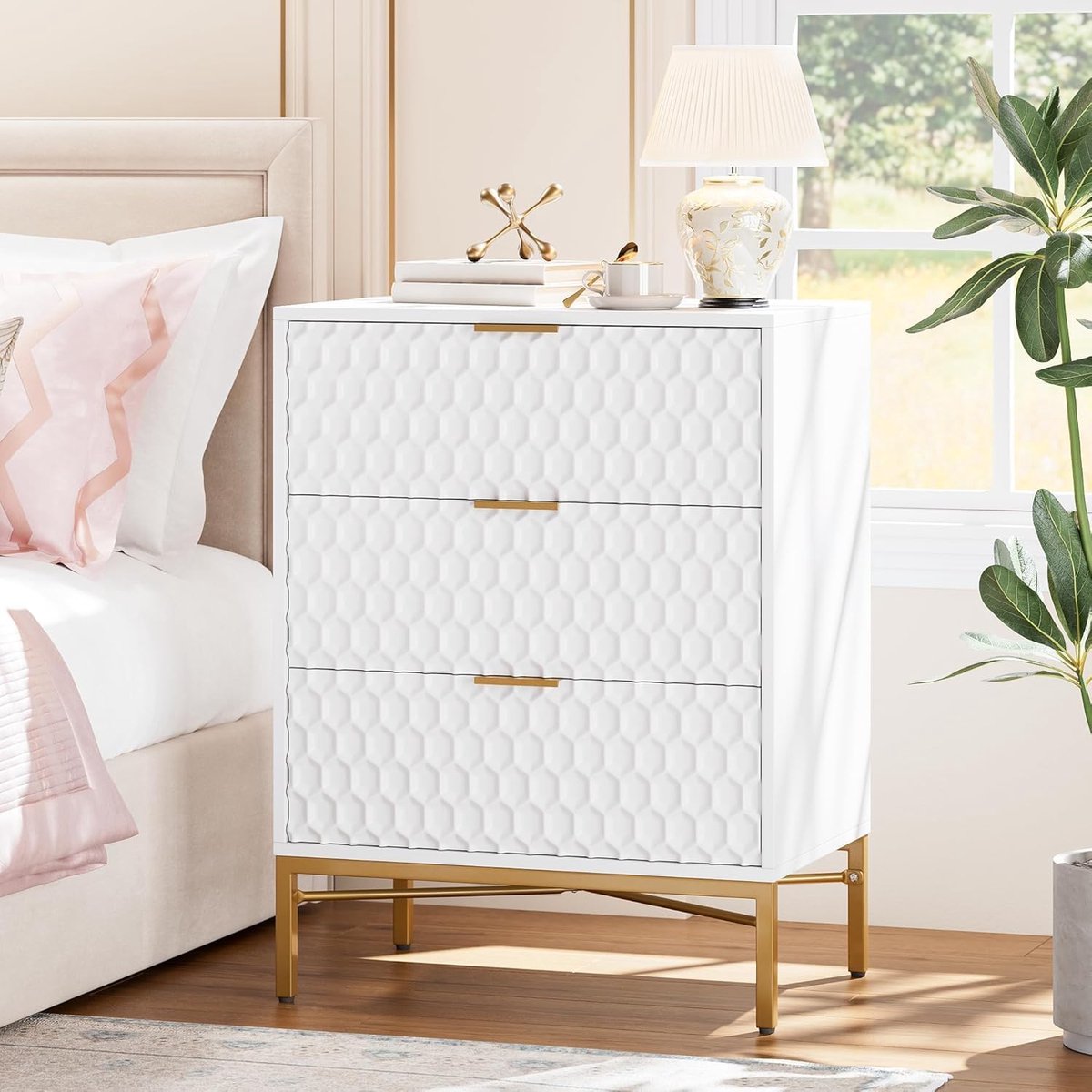 Moderne houten kast met 3 lades – Opbergkast met honingraatpatroon en ruim, breed bovenbla