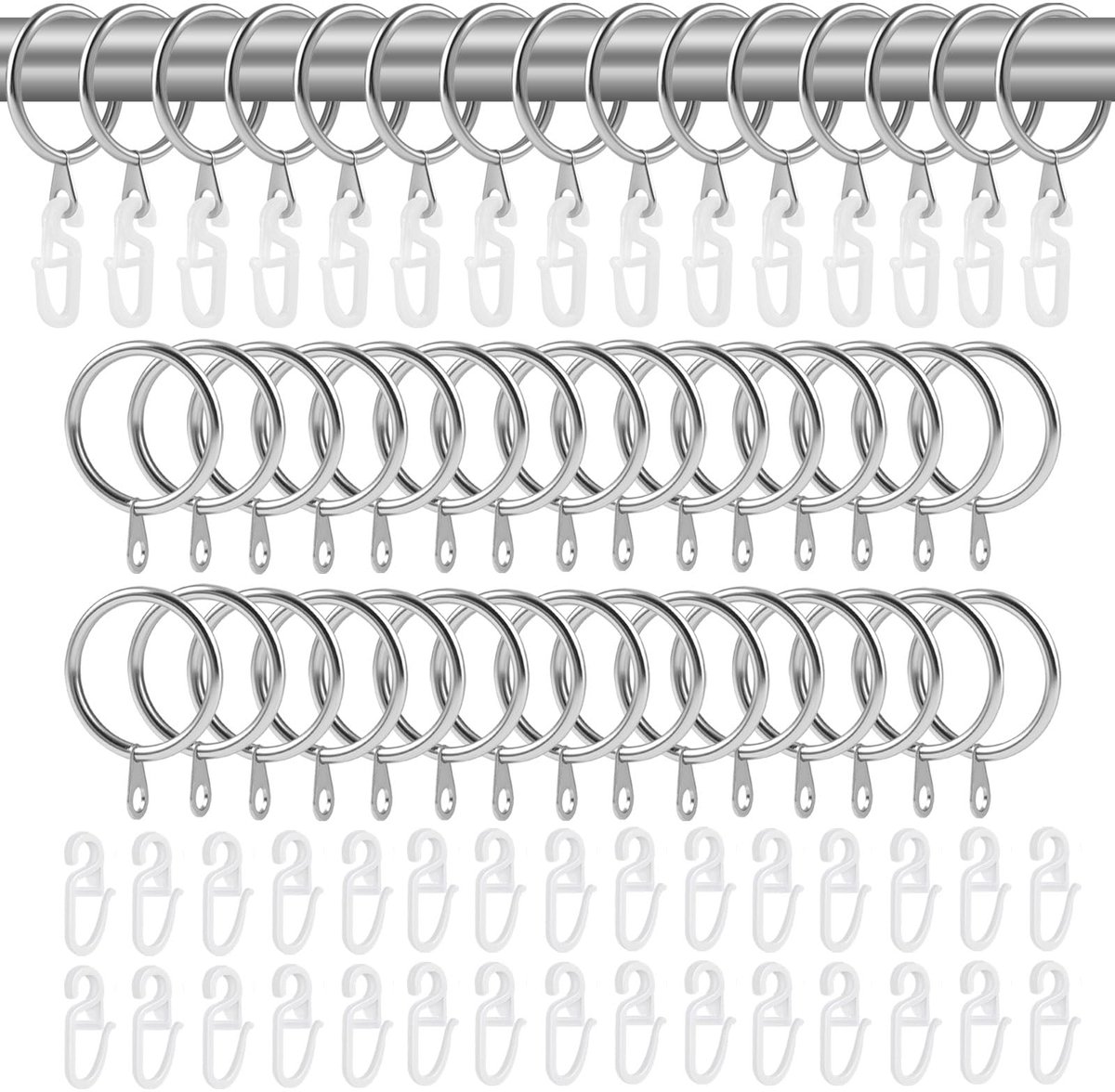 Gordijnringen met haken, gordijnringen met haken, metalen gordijnringen voor stang, ringen, gordijn geschikt voor deuren, ramen, douchegordijnen en gordijnroedes, binnendiameter 30 mm