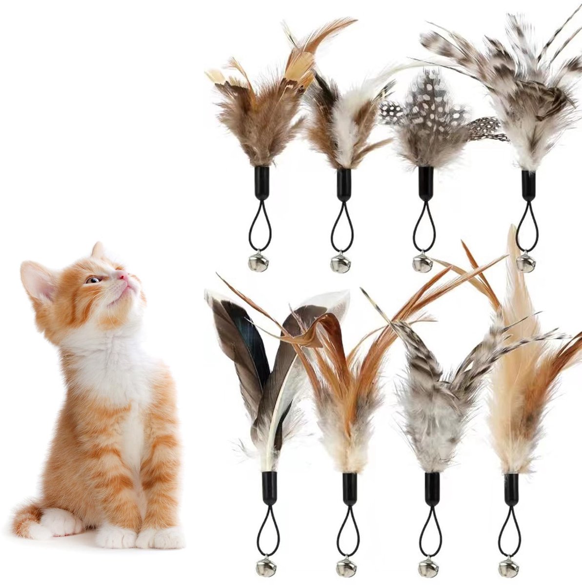 8 stuks kattenspeelgoed, veren met bellen, kattenveren, speelgoed, veren, kattenhengel, veerspeelgoed, reserveveren, accessoires voor kittenbeweging en interactief spel