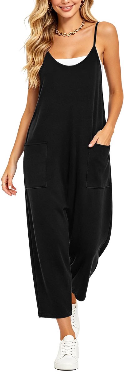 Aomig Tuinbroek voor dames, grote maat, jumpsuit, lange koersbroek, losse casual mouwloze overall met V-hals, spaghettibandjes, jumpsuit, vrije tijd, eendelig pak, verstelbare overall met zakken