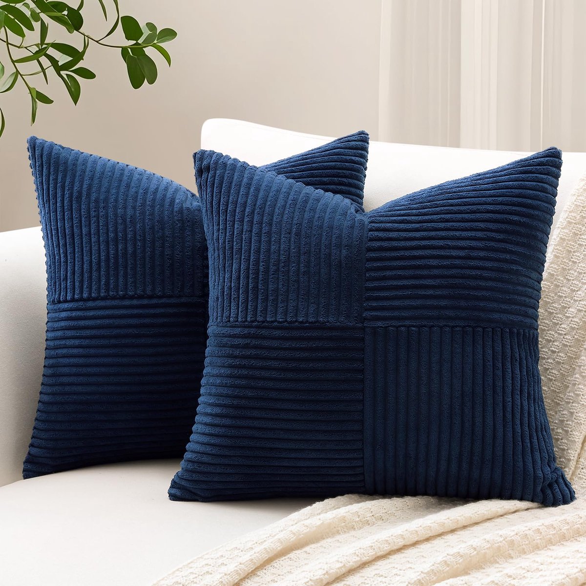 Kussenhoezen 60 x 60 cm, zacht corduroy gestreept kruis patchwork getextureerde kussenslopen, effen vierkante sierkussenhoezen voor bank, bed, terras 24x24 inch