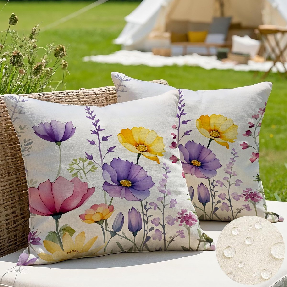 Set van 2 outdoor kussens, weerbestendig, kussenhoezen, 45 x 45 cm, moderne kleuren, bloemen, sierkussen, zomer, roze-paars, kussenslopen voor tuin, bank, woonkamer, slaapkamer, dubbelzijdig