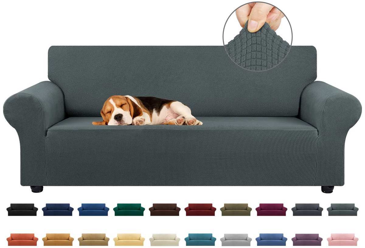 Stretch sofahoes, bankhoezen voor 3-zits bank (79-94 inch), meubelbeschermer, 3-zitsbank met elastische bodem voor kinderen, hond, jacquard, klein geruit (Large, grijs)