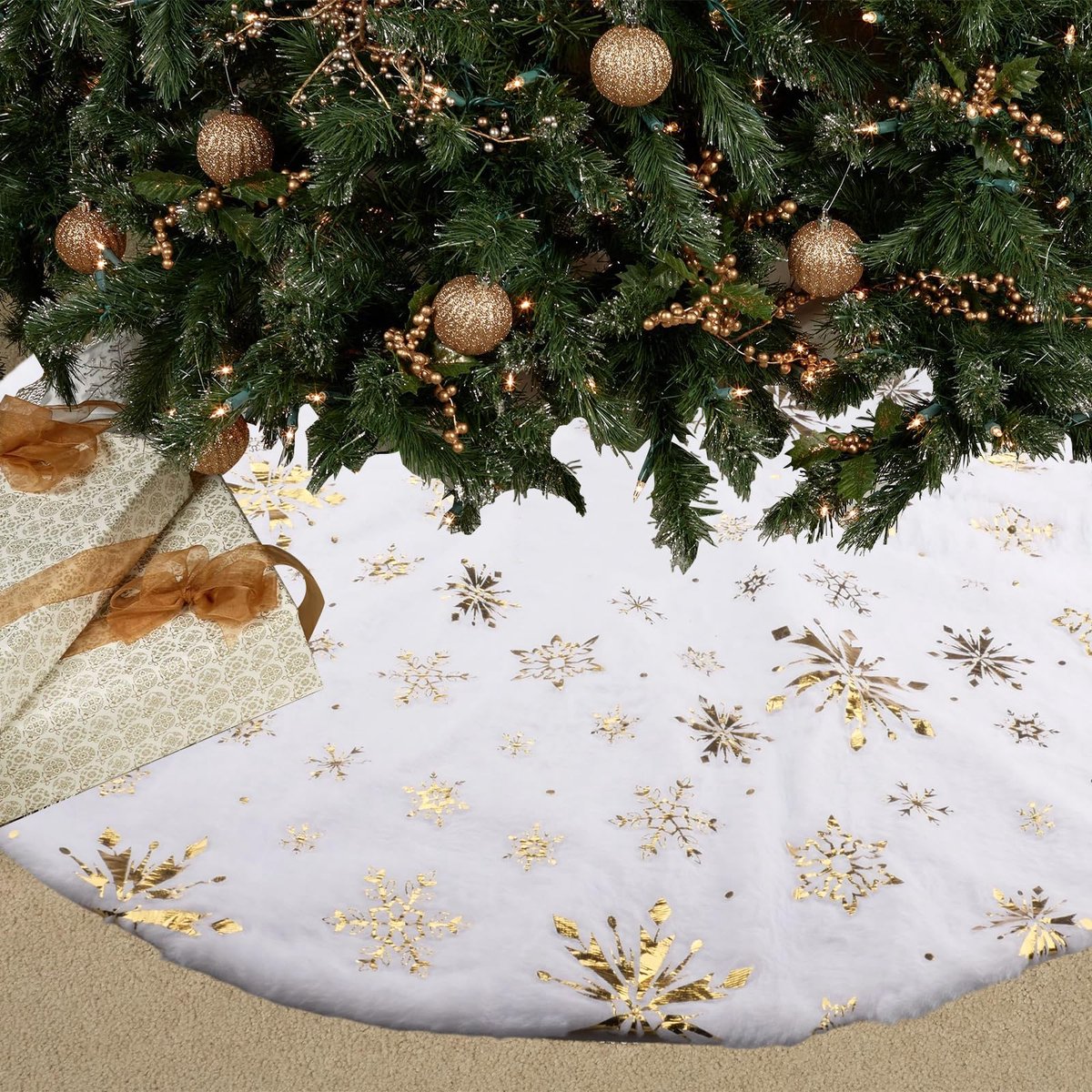 Kerstboomrok, wit, 122 cm, groot, pluche, rond, basis voor kerstboom, met gouden pailletten, sneeuwvlokken, kerstdecoratie
