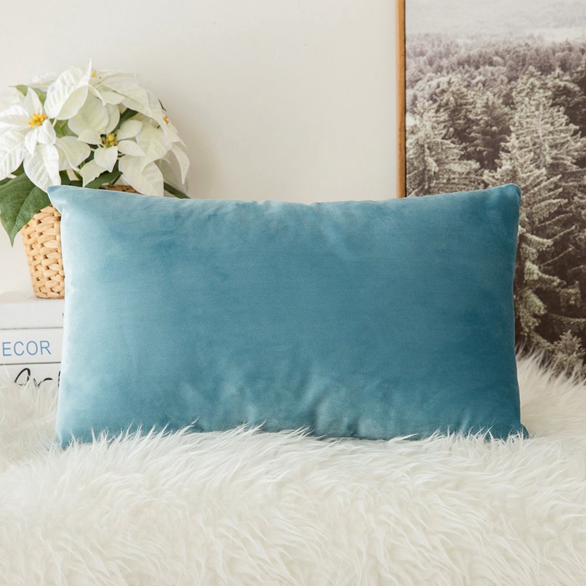 Fluweelzachte decoratieve luxueuze vierkante kussensloop voor woonkamer, bank, slaapkamer, met onzichtbare rits, 30 x 50 cm, 1 stuk, groenblauw