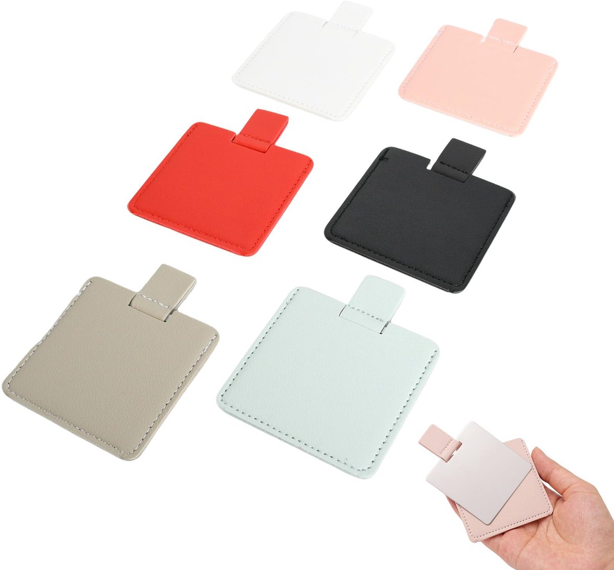Handspiegel, klein, roestvrijstalen zakspiegel met beschermhoes, onbreekbaar, spiegel cosmetica, klein met vergroting, ultradun en frameloos, 67 x 67 mm, 6 kleuren