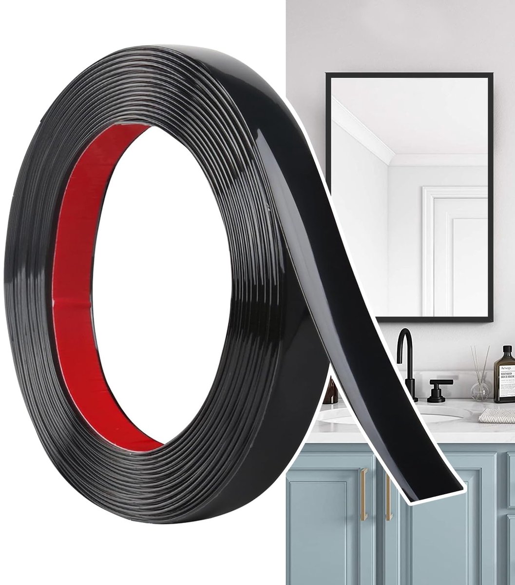 Decoratieve Lijst, Flexibele PVC Sierstrip, Waterbestendige Wandstrip om te Plakken, Zonder Boren voor Muur, Spiegel, Plafond, Kast en Tegels (Mat Zwart, 12M x 2cm)