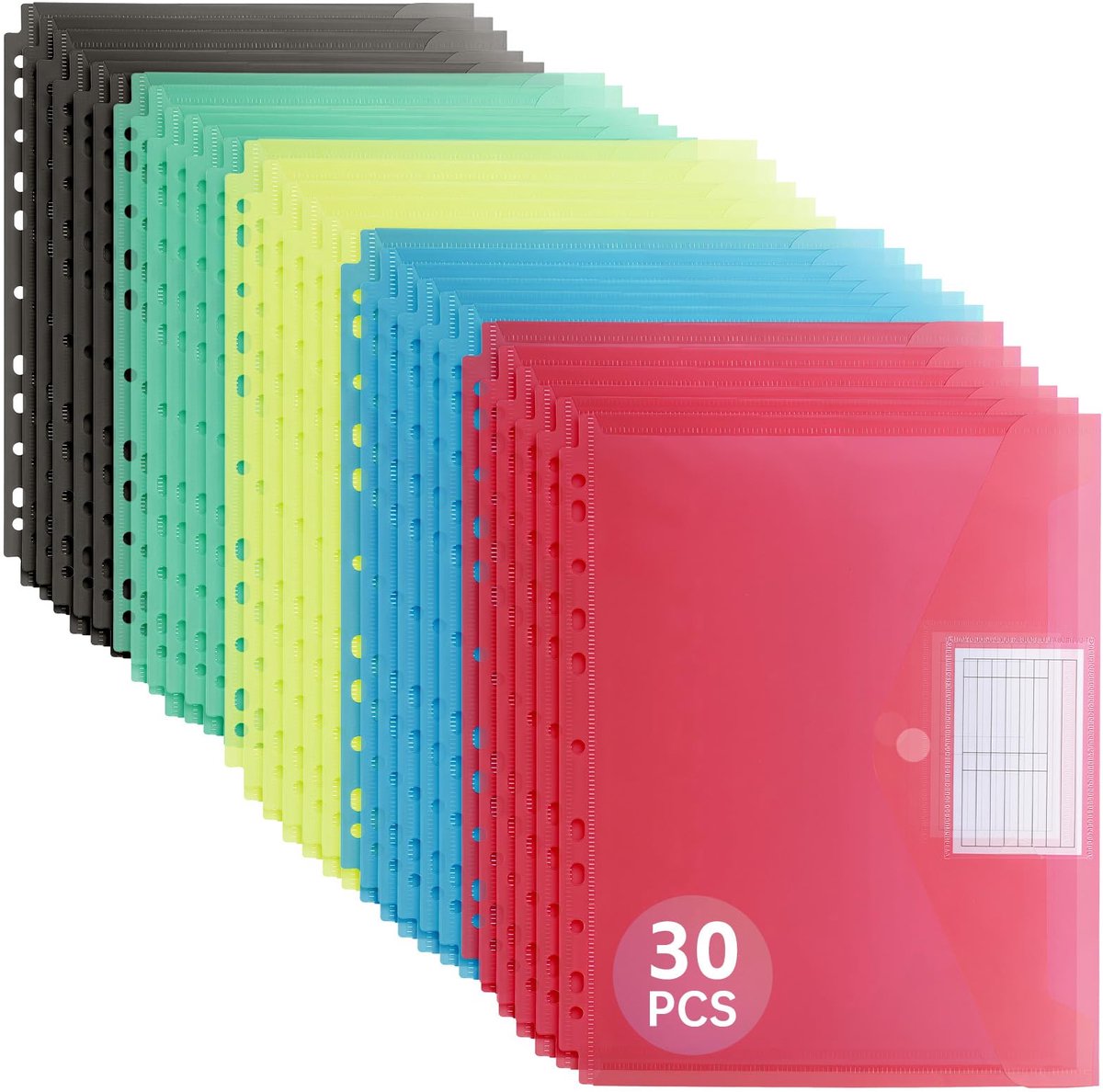 Documentenmapjes, 30 Stuks, 5 Kleuren; Documentenmapjes Met 11 Perforatiegaatjes; Waterdichte Documentenmapjes Met Perforatierand, Klittenbandsluiting En Etikettenvakjes