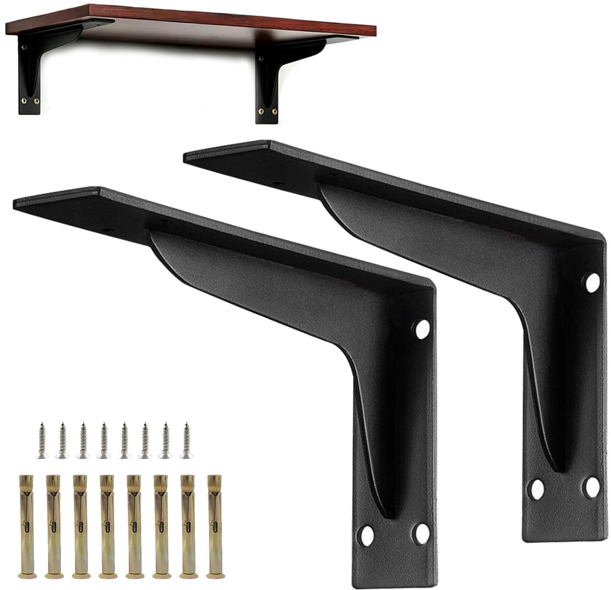 Plankdragers van metaal, L-vormig, 2 stuks, wandplankhouders met schroeven en pluggen, robuuste hoekklemmen voor planken, boekenkast, keuken, badkamer en garage (Noir, 25,4 cm)