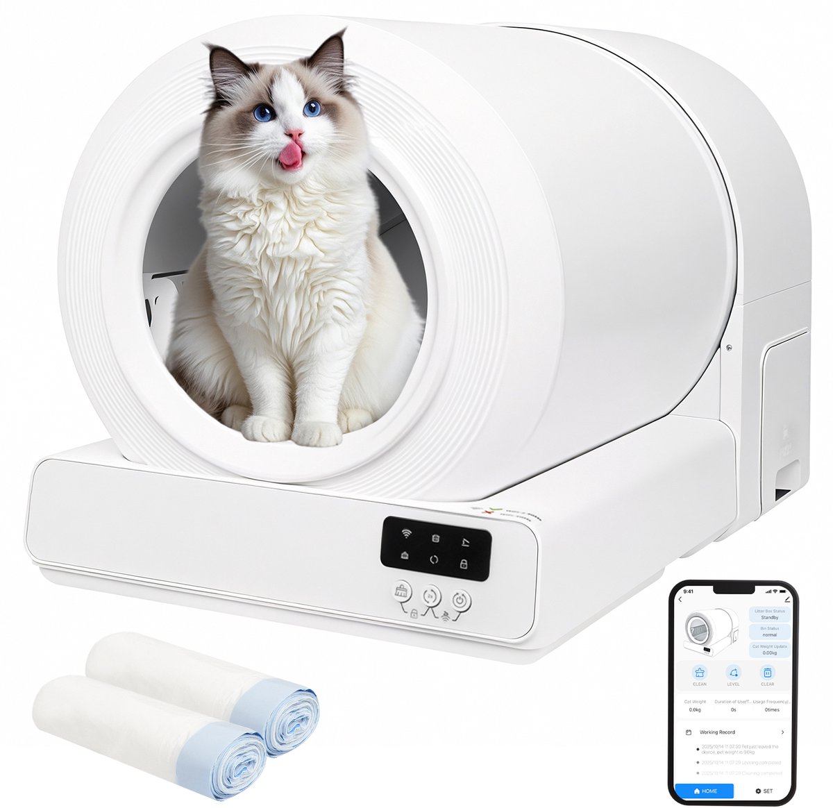 Automatische Kattenbak 85L XXL - Zelfreinigende Kattenbak - Inclusief App - Met Kattenbakmat en 2 Rollen Opvangzakjes