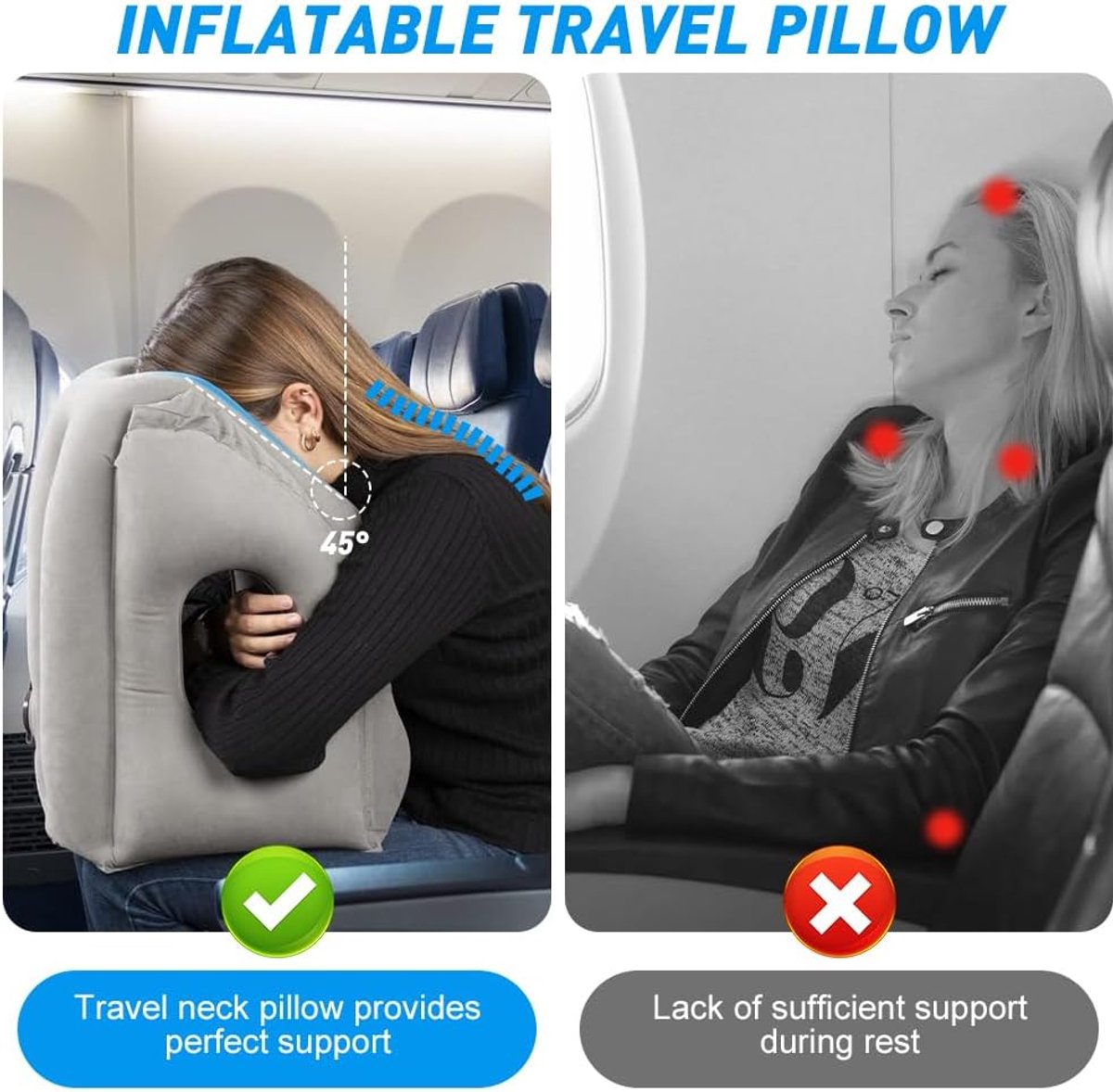 nekkussen vliegtuig reis, Inflatable Travel Pillow draagbaar reiskussen opvouwbaar draagbaar comfortabel Travel Pillow ondersteunt hoofd en kin voor treinen, auto's, kantoor, huis