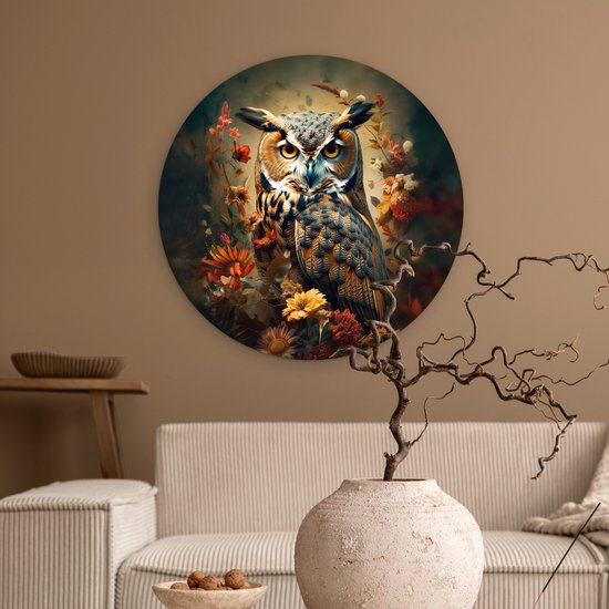 Cercle mural rond avec un hibou détaillé dans un bosquet de fleurs et de plantes aux couleurs chaudes et vives.