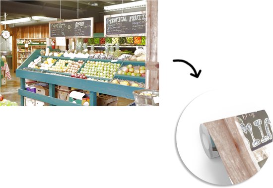 Behang - Fotobehang Fruit - Supermarkt - Krijtbord - Breedte 390 cm x hoogte 260 cm