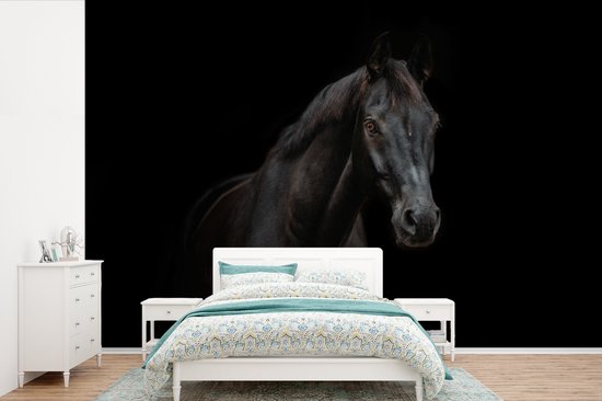 Slaapkamer met fotobehang van een zwart paard achter een wit bed met blauw beddengoed.