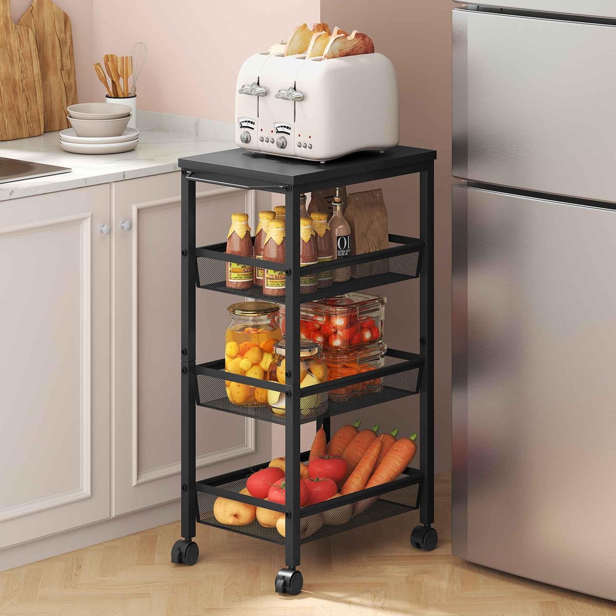 Rolling Storage Cart, 4-Tier Wide Panel Rolling Kitchen Storage Cart, Utility Cart met Handvat & Wielen, Mobiele Rekken, Metalen Frame Smalle Winkelwagen voor Thuis Keuken, Wasserij, Zwart