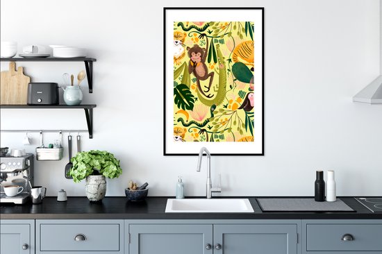 Poster in lijst - Fotolijst 60x90 cm - Posters - Jungle - Planten - Dieren - Geel - Posterlijst zwart - Decoratie - Wanddecoratie woonkamer - Muurdecoratie slaapkamer