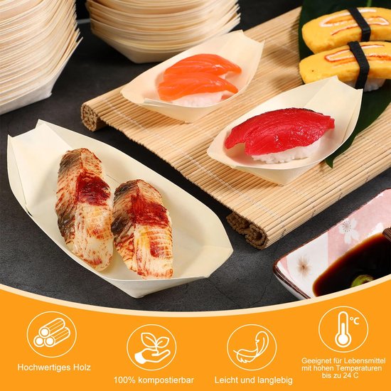100 stuks fingerfood schalen, wegwerp houten schaal voor fingerfood, onbehandeld, curryworst kom, frietschalen, scheepjes, snackschalen voor friet, chips, snacks, dessert, saladefeest — afbeelding 2