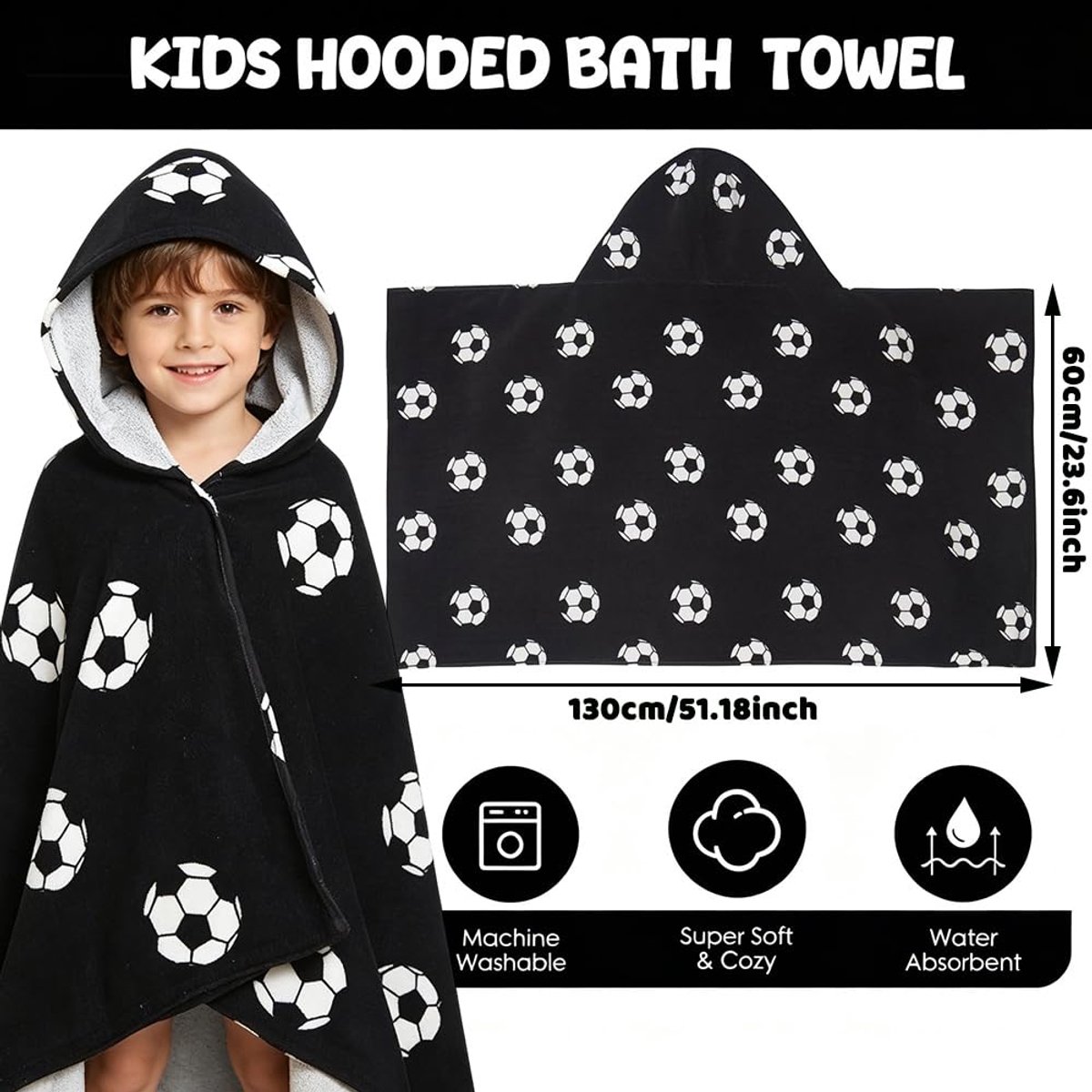 Voetbal Kapuzenponcho Handdoek, Zwart Eén Maat 130x60cm, Draagbare Badhanddoek voor Jongens & Tieners, Strandhanddoek voor Zwembad Strand
